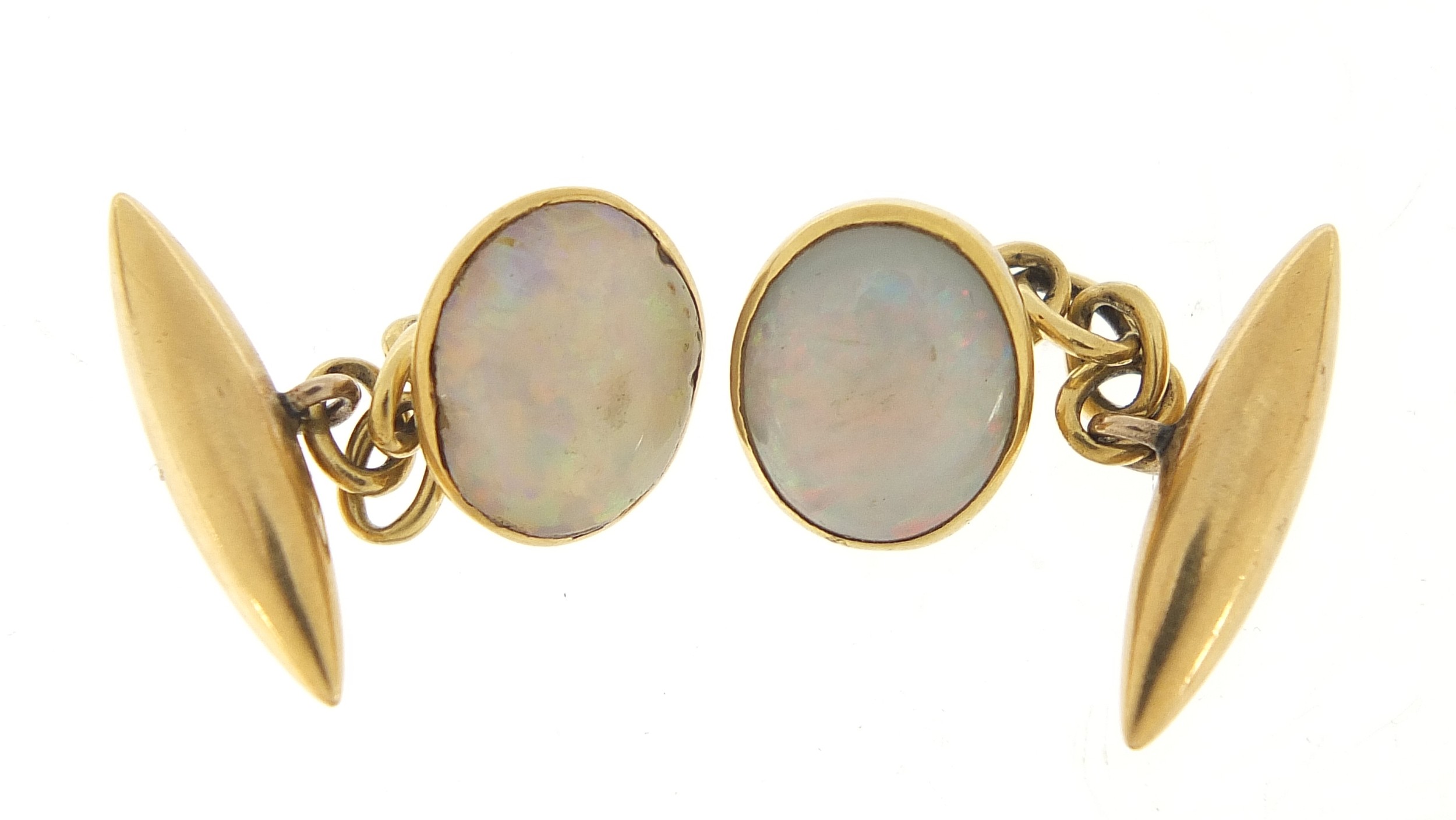 Pair of 18ct gold opal cufflinks, 1cm wide, 4.6g : For Further Condition Reports Please Visit Our