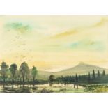 Michael Mann - River landscape before mountains, ink and watercolour, indistinctly inscribed,
