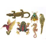 Six jewelled and enamel animal and insect brooches including hummingbird, seahorse, crocodile and