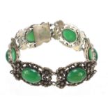Silver marcasite cabochon green stone bracelet, 18cm in length 38.4g : For Further Condition Reports