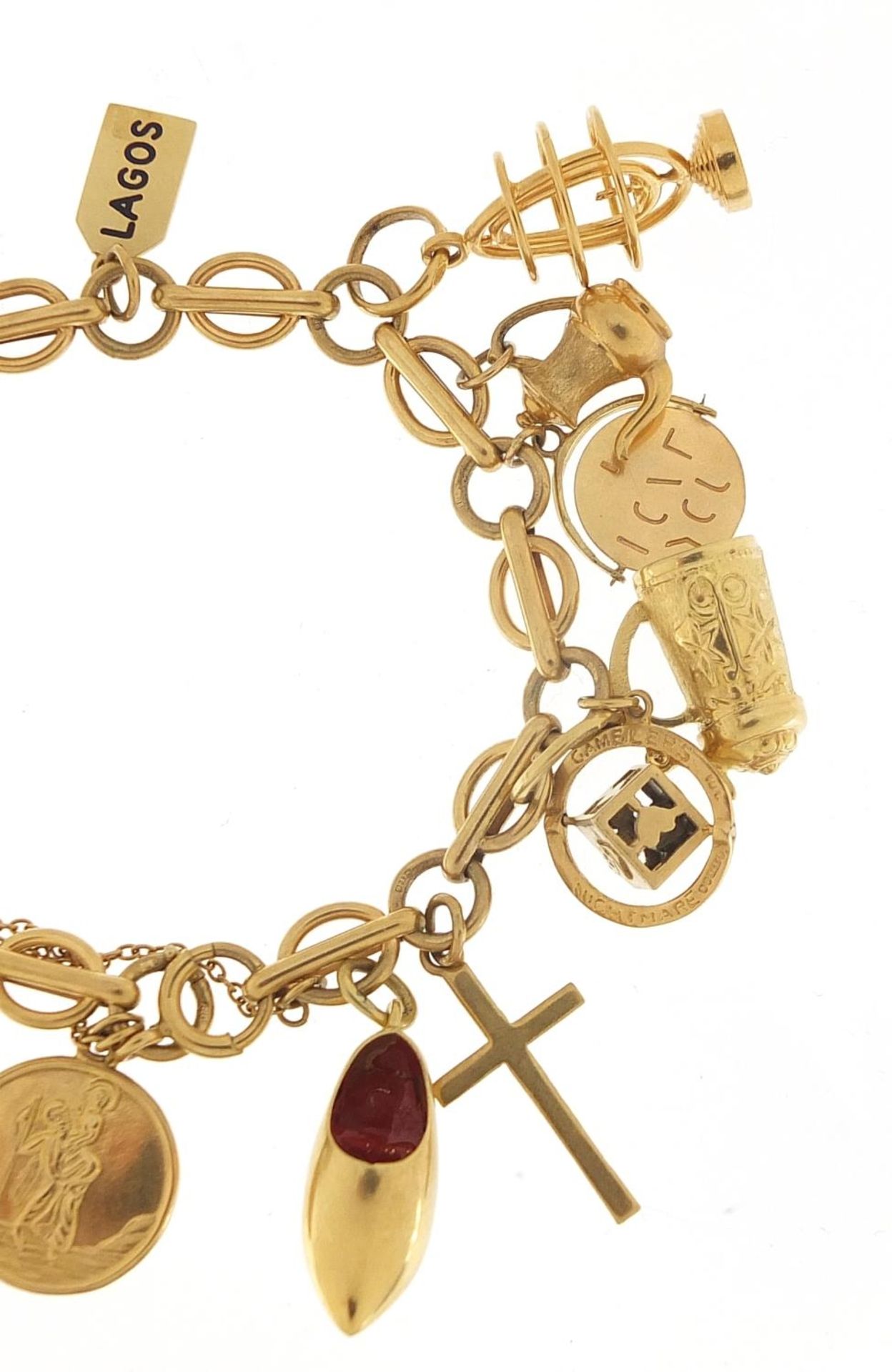 9ct gold charm bracelet with a selection of mostly gold charms including St Christopher, Dutch - Image 3 of 8