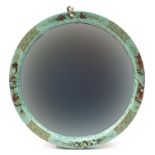 Circular Chinese chinoiserie lacquered wall mirror hand painted with figures, pagodas and flowers,