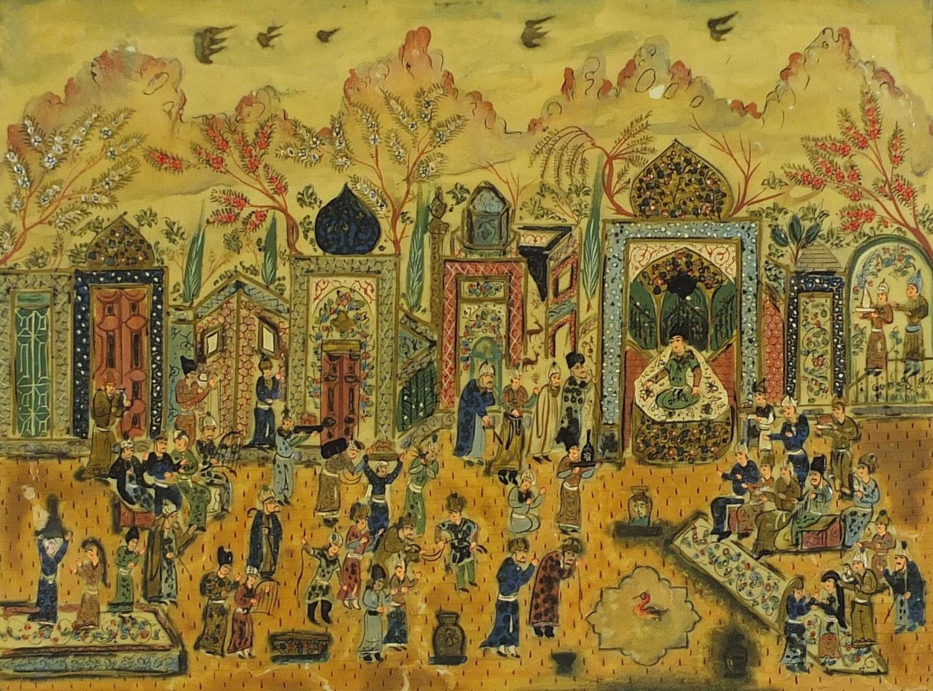 Figures praying, Islamic watercolour and mixed media housed in a Vizagapatam style frame, overall