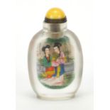 Chinese glass snuff bottle with hardstone stopper, internally hand painted with females, 9.5cm