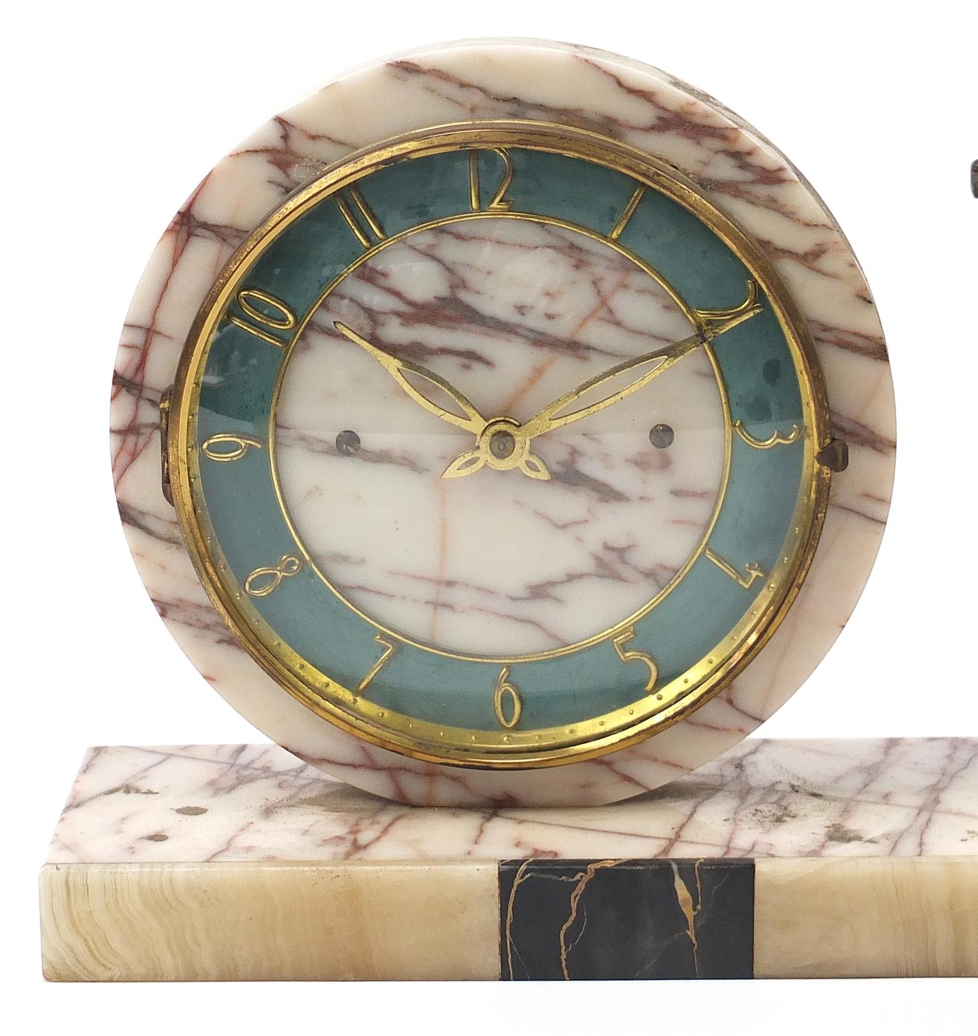 Art Deco marble stag design mantle clock with circular dial and chapter ring having Arabic numerals, - Image 2 of 6