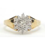 9ct gold diamond three tier cluster ring, size O, 3.8g : For Further Condition Reports Please