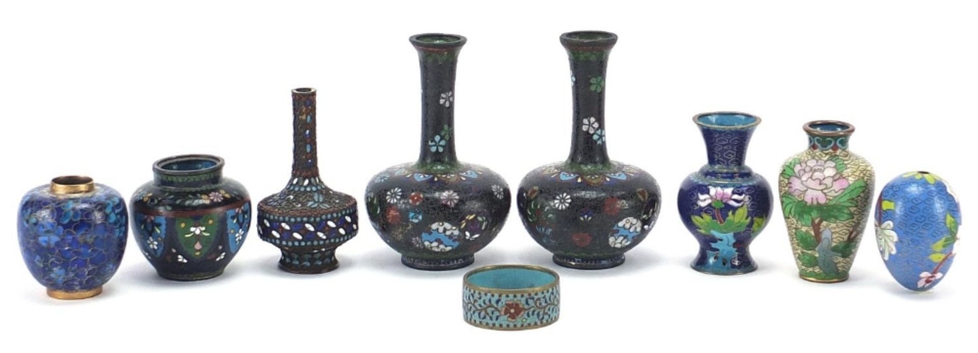 Chinese cloisonne including pair of vases and a jar enamelled with flowers, the largest each 11.
