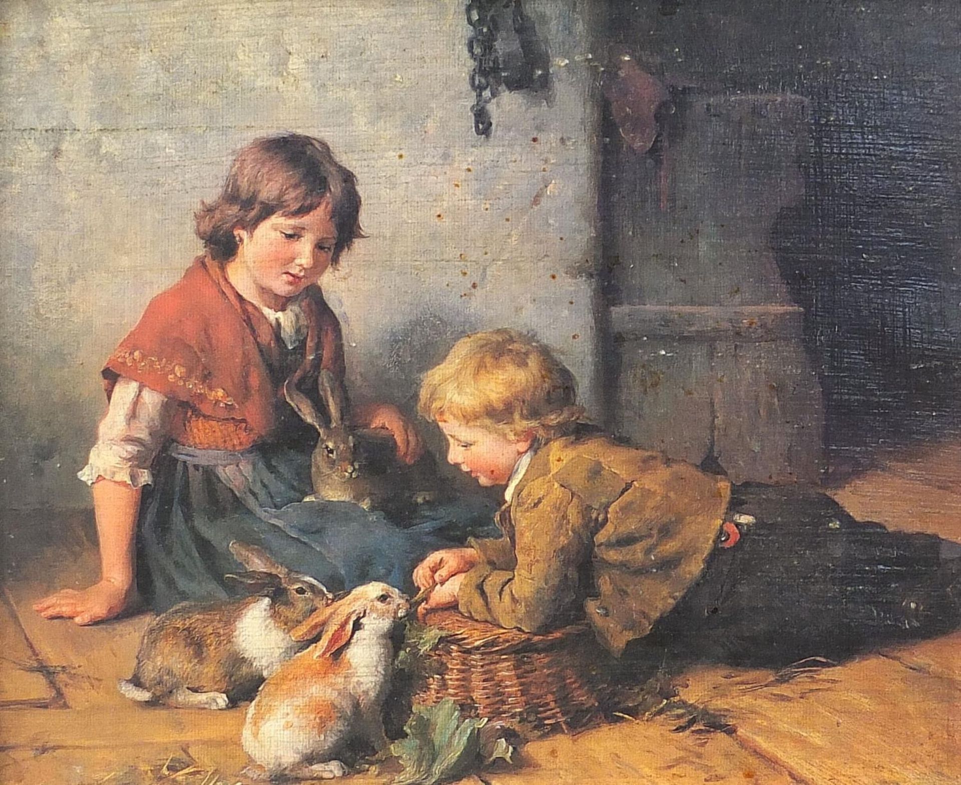 Children and rabbits in an interior, oleograph in colour, mounted and framed, 24cm x 19cm