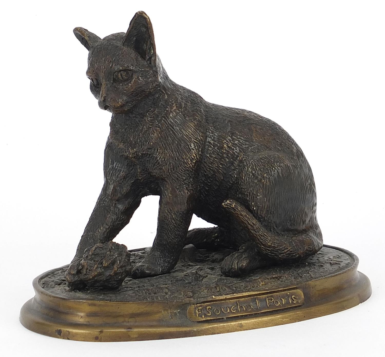 After F Souchal, Patinated bronze study of a kitten playing, 15.5cm wide : For Further Condition