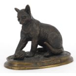 After F Souchal, Patinated bronze study of a kitten playing, 15.5cm wide : For Further Condition