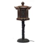 Chinese hardwood lantern table lamp carved with dragons amongst flowers, 73cm high : For Further