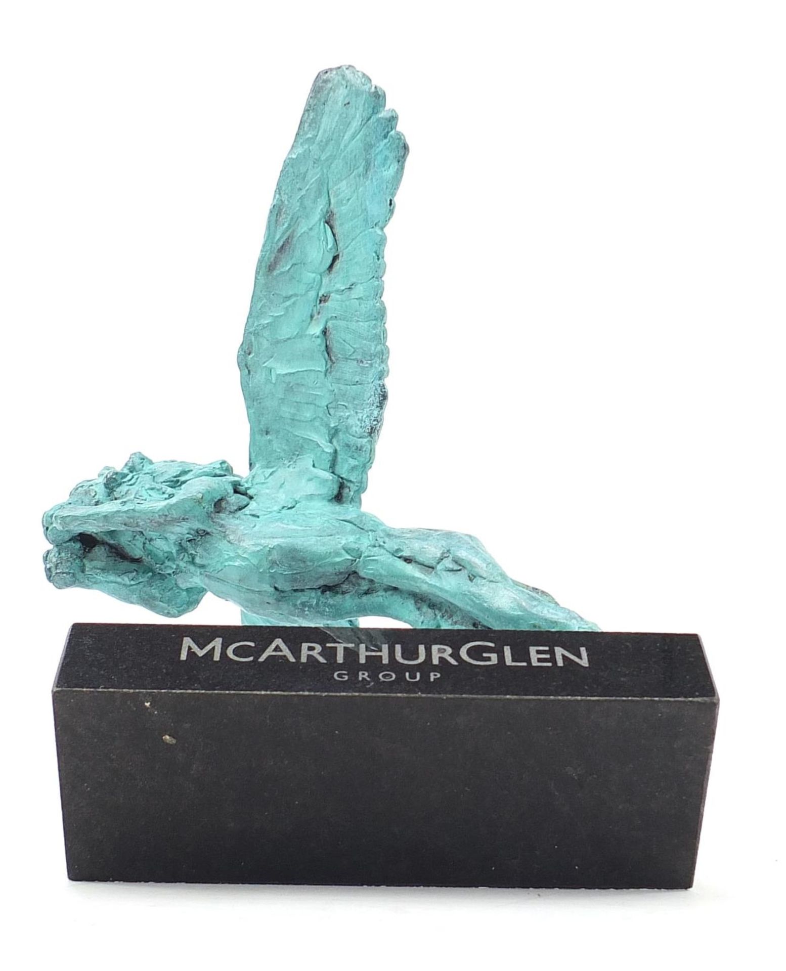 Mark Coreth for McArthur Glen Group, Verdigris bronze study of a winged lion raised on a rectangular - Image 6 of 6