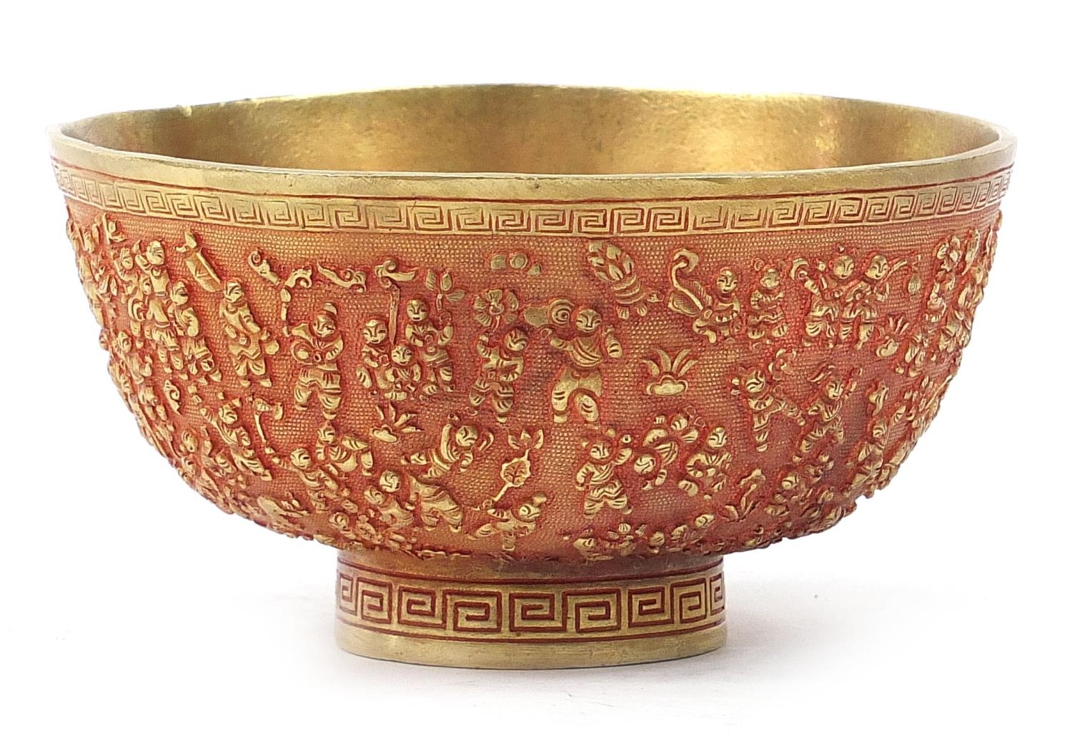 Chinese gilt bronze a thousand children bowl, six figure character marks to the base, 13.5cm in - Image 4 of 8