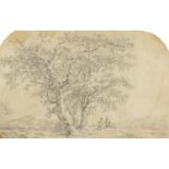 After John Constable - Figures beneath a tree, 18th century pencil drawing, mounted, framed and