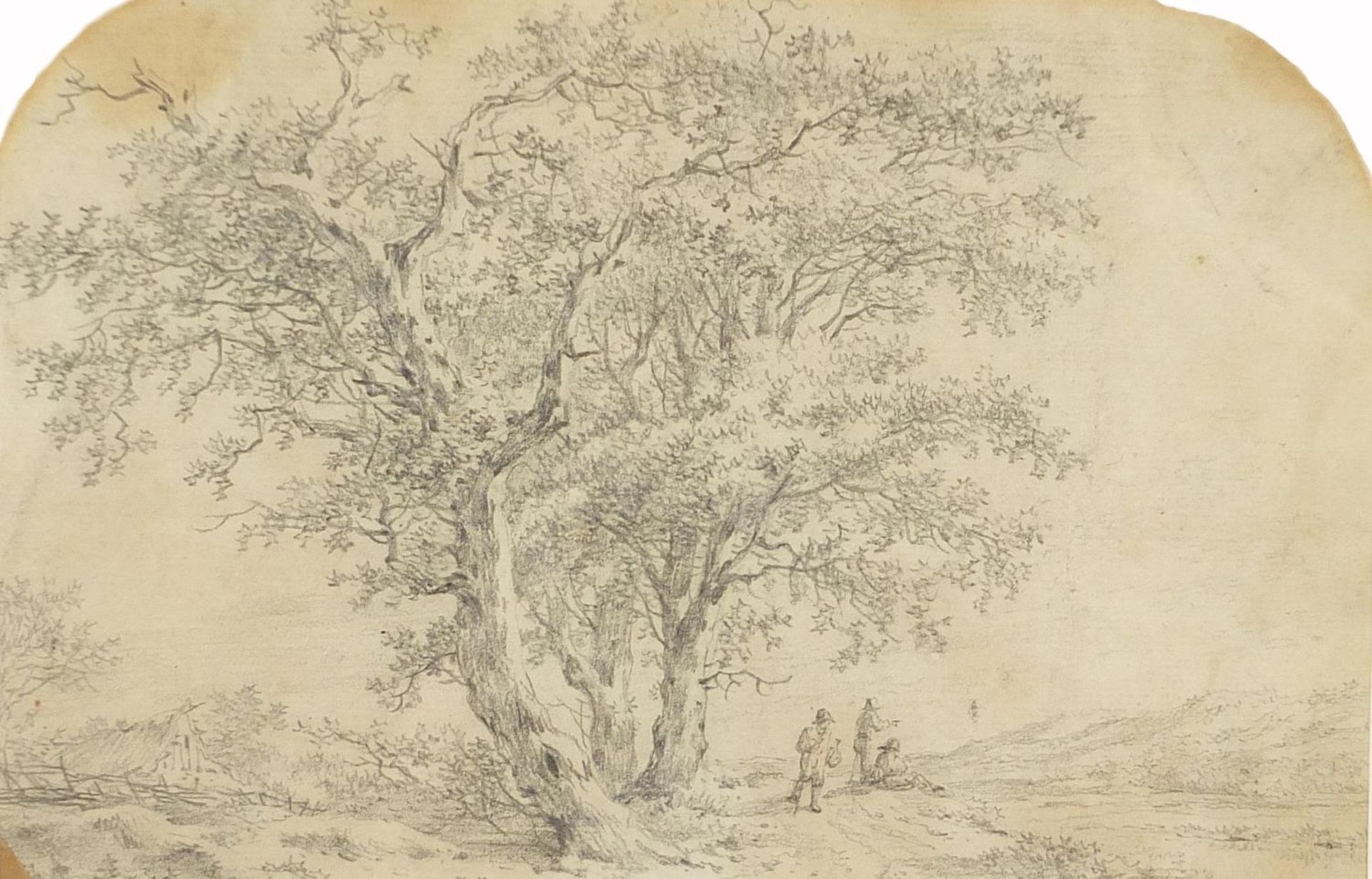 After John Constable - Figures beneath a tree, 18th century pencil drawing, mounted, framed and