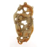 Chinese russet jade panel carved with dragons, 12cm wide : For Further Condition Reports Please