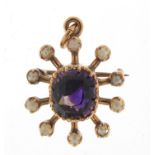 Unmarked gold amethyst and seed pearl pendant brooch, 2.5cm high, 3.9g : For Further Condition