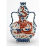 Chinese blue and white with iron red porcelain double gourd vase with twin handles hand painted with