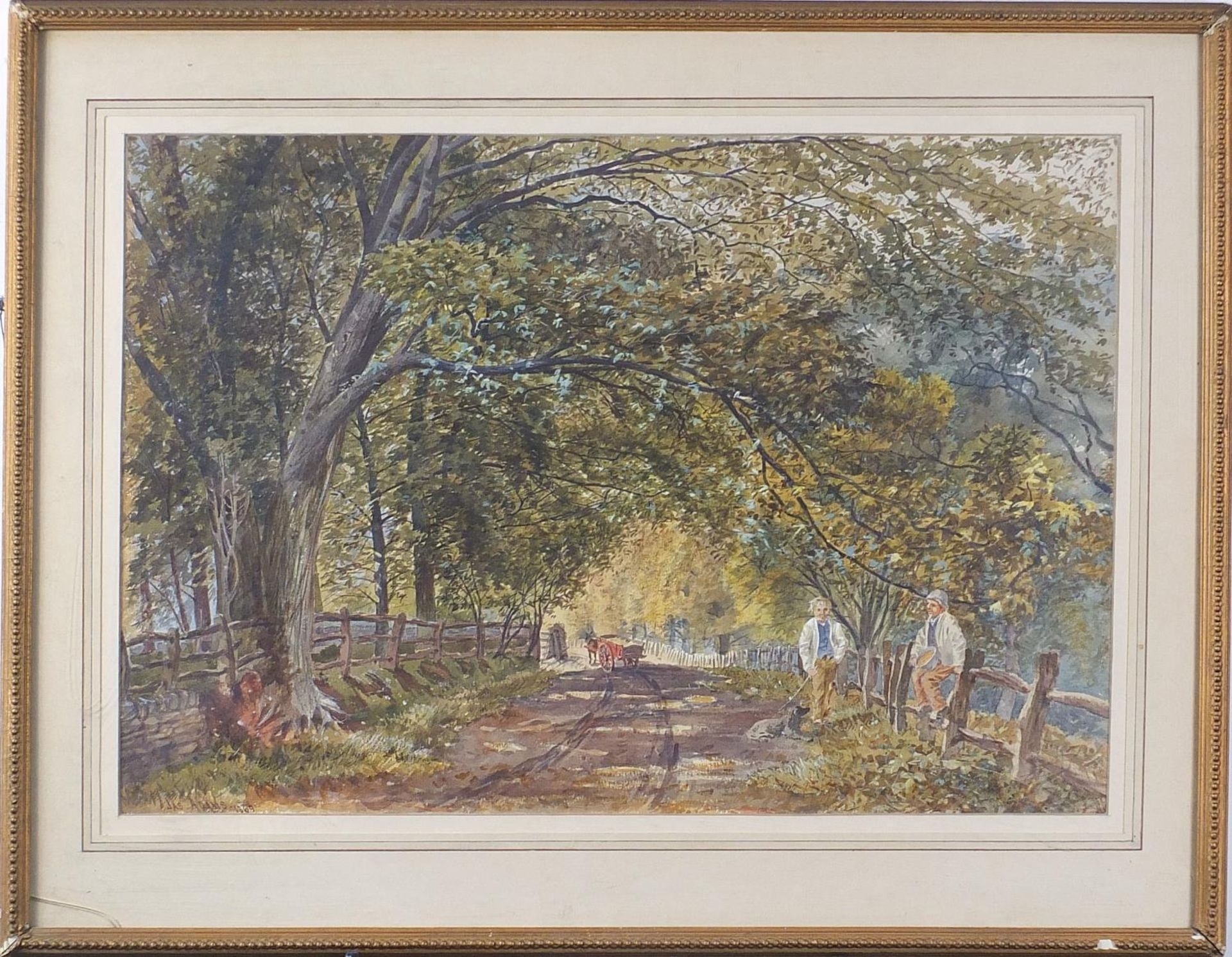 James Adams - Figures beside a lane and trees, 19th century watercolour, mounted, framed and glazed, - Image 2 of 4