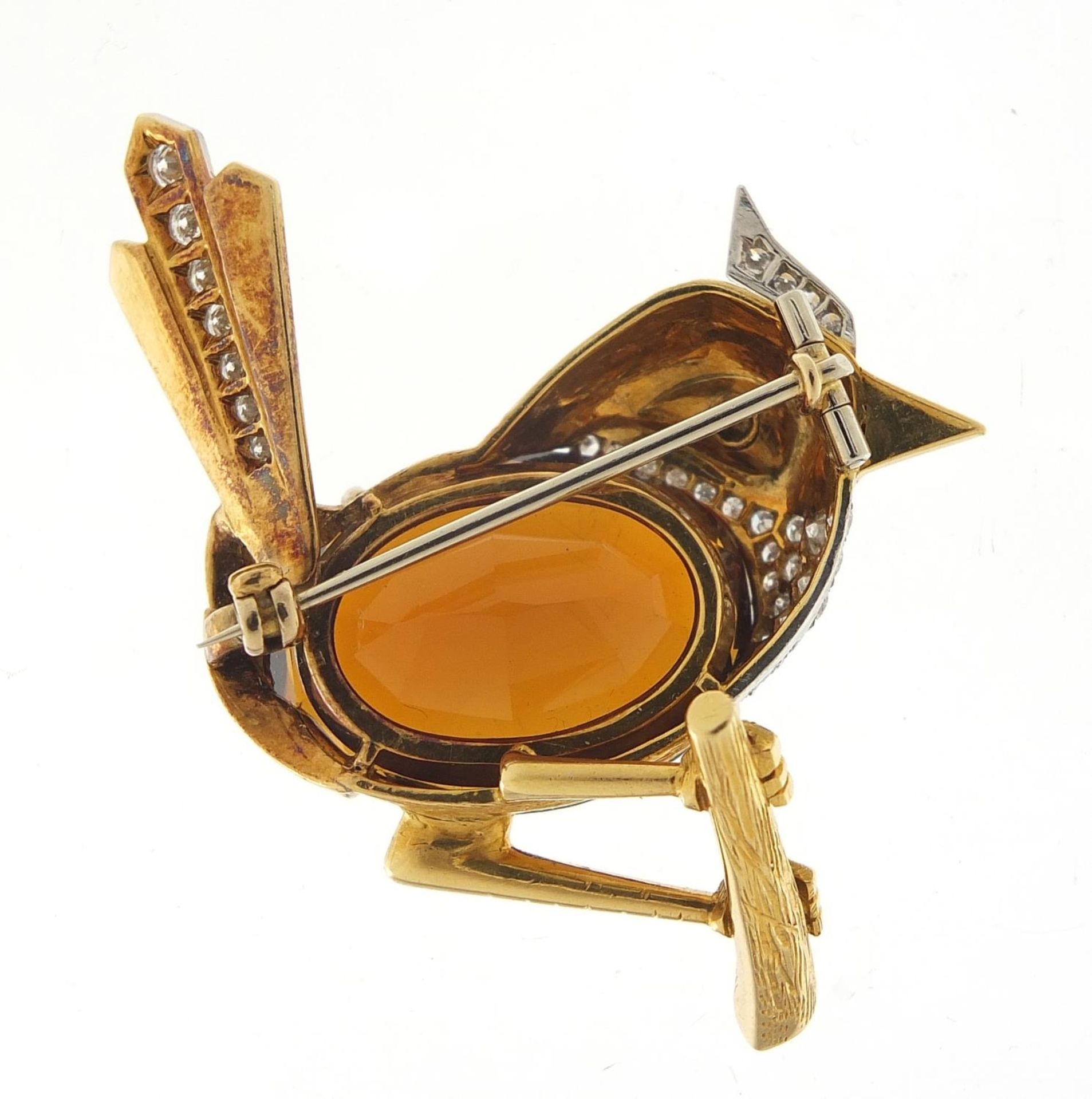 Unmarked gold and citrine bird on a branch brooch set with diamonds and turquoise, 5cm high, 25.2g : - Image 2 of 2