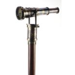 Hardwood walking stick with brass two draw telescope and compass pommel, 96cm in length : For