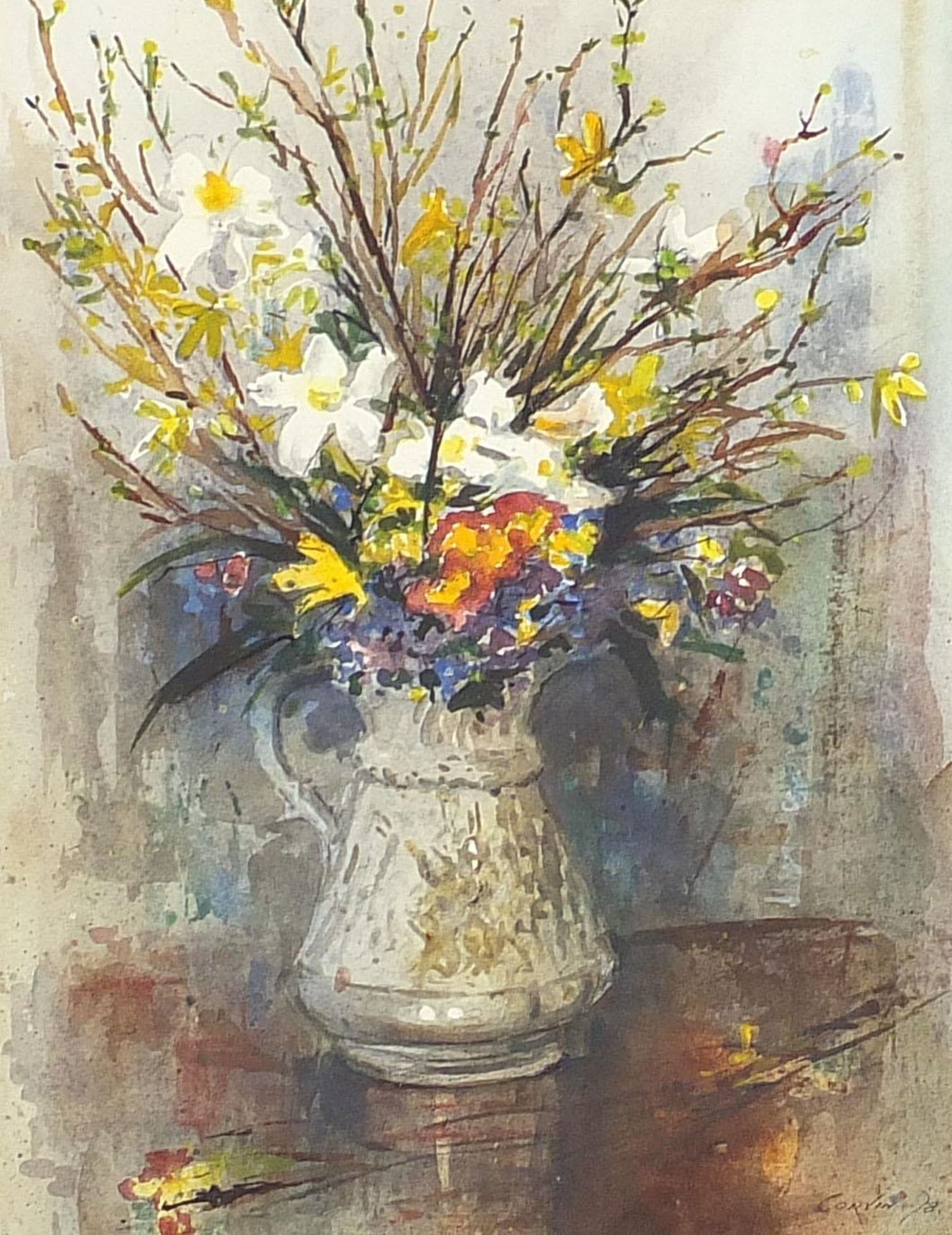 John Corvin 1978 - Still life flowers in a jug, watercolour, mounted, framed and glazed, 35cm x 26.