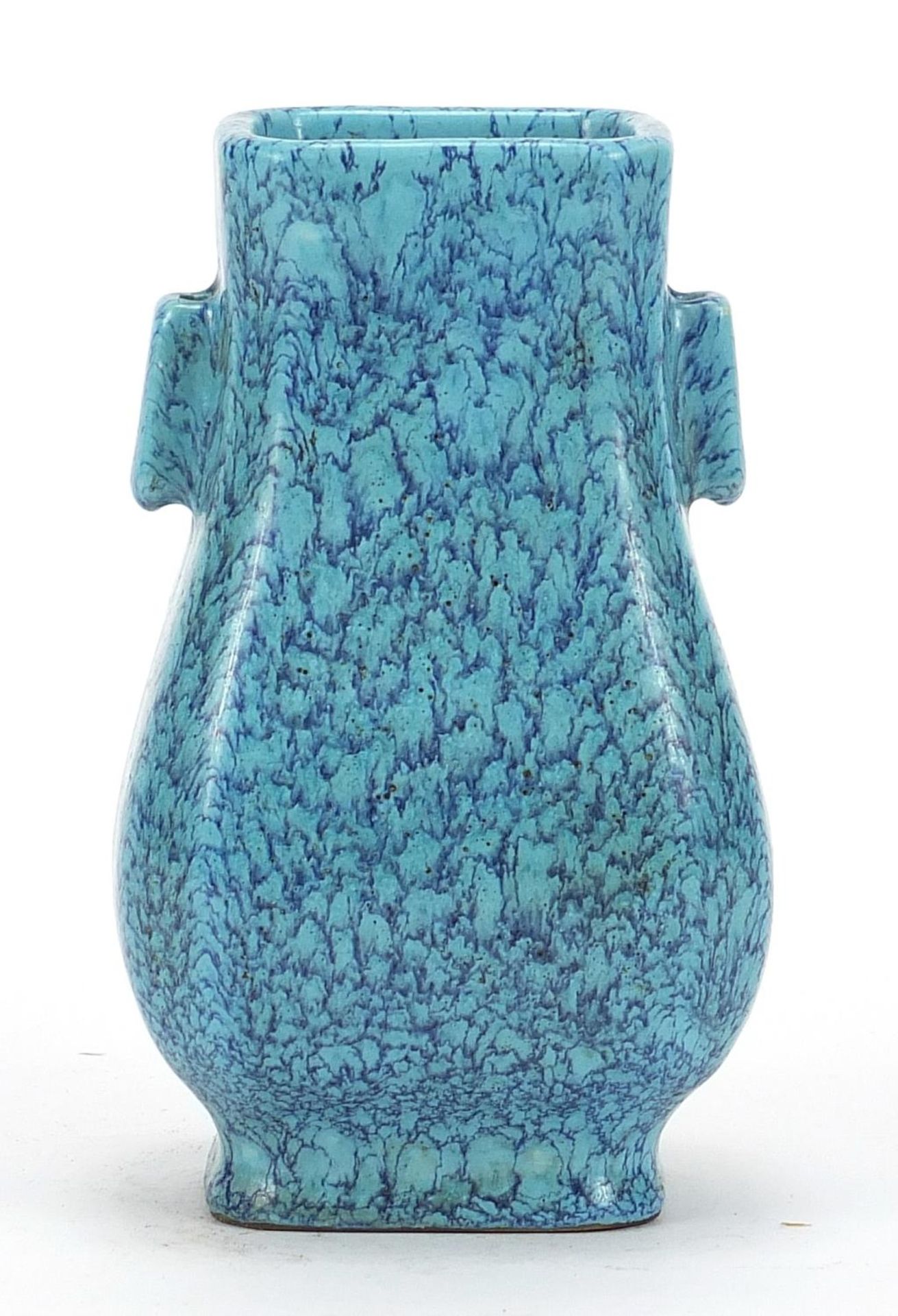Chinese porcelain vase with ears having a blue glaze, impressed four figure character marks to the - Image 3 of 8
