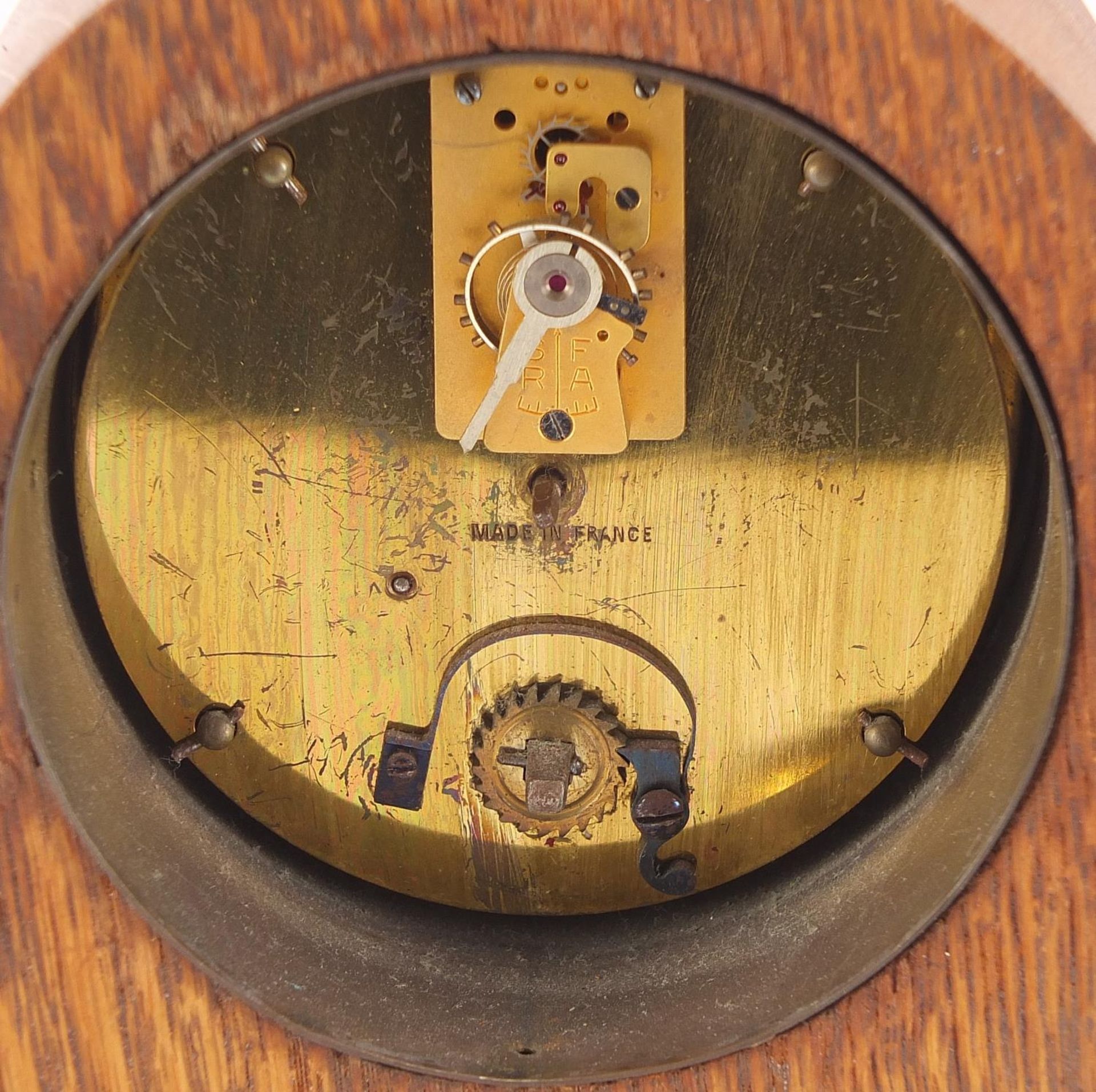 Edwardian inlaid dome top mantle clock with enamel dial, inscribed Thomas Armstrong & Brother, - Bild 7 aus 7