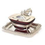 George Nathan & Ridley Hayes, Edwardian silver and cranberry glass sauce cruet with hinged lid,