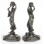 WMF, Pair of German Art Nouveau silver plated maiden design candlesticks, the largest 25.5cm