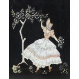 Mahogany foil backed glass fire screen depicting a crinoline lady picking flowers, 70cm high x