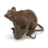 Japanese patinated bronze okimono of a mouse with sweetcorn with character marks, 8cm in length :
