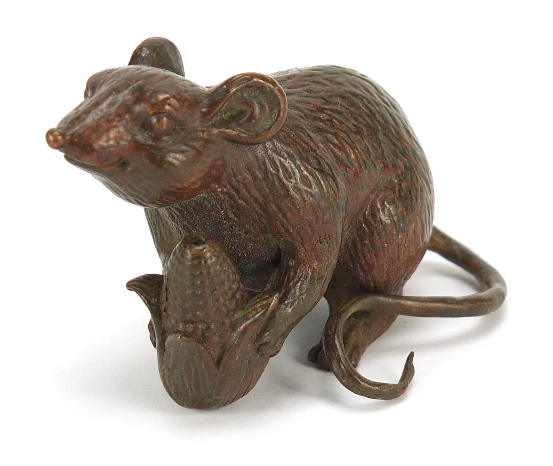 Japanese patinated bronze okimono of a mouse with sweetcorn with character marks, 8cm in length :