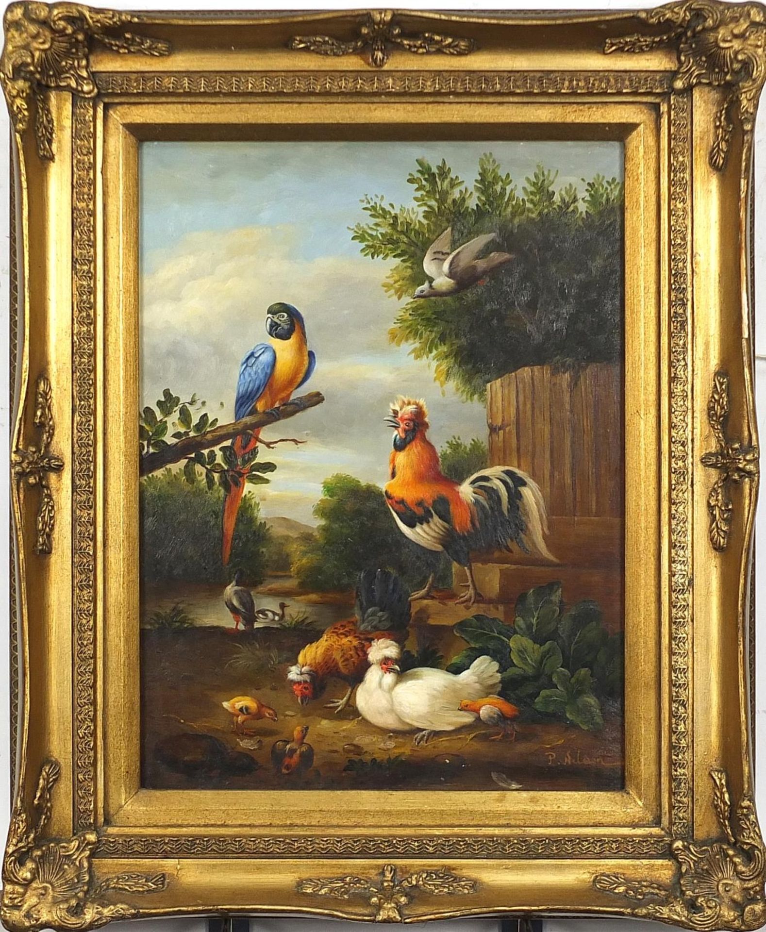 Exotic birds before a landscape, Old Master style oil on board, mounted and framed, 39cm x 29cm - Image 2 of 4