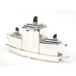Art Deco design Modernist three piece silver plated tea set on tray in the style of Christopher