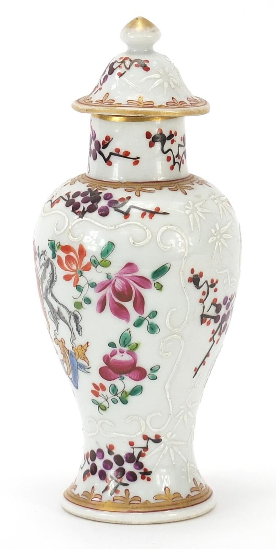 Samson porcelain baluster vase and cover hand painted with flowers and armorial crest, 14.5cm high : - Image 2 of 8