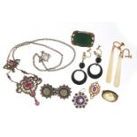 Antique and later jewellery including marcasite and pink stone necklace, mother of pearl earrings,