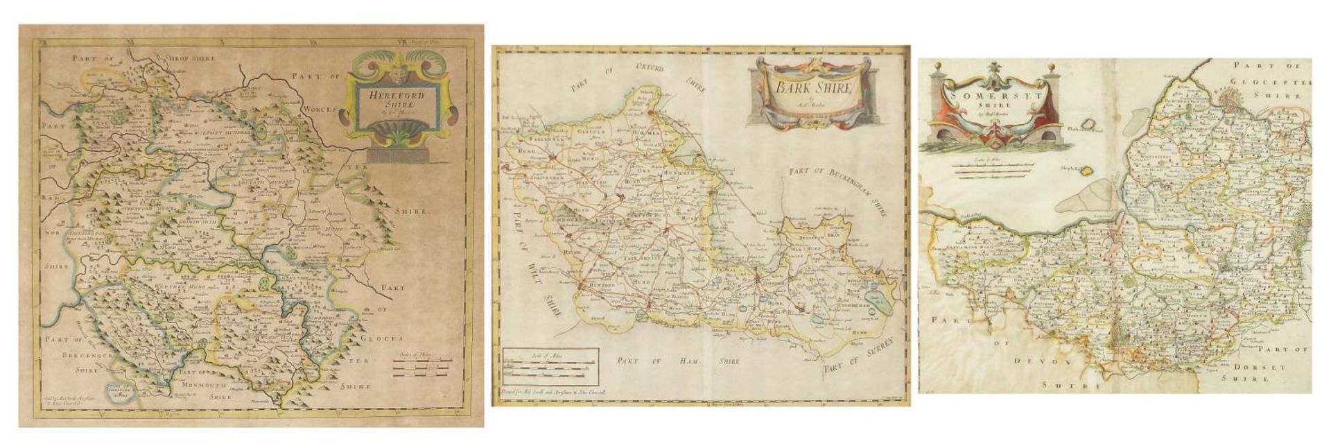 Three 18th century hand coloured maps by Robert Morden comprising Herefordshire, Somersetshire and