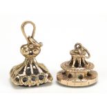 Two antique design 9ct gold hardstone fobs, the largest 2.1cm high, total 5.9g : For Further