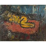 Abstract composition, portrait of a sleeping figure, impasto oil on board, mounted and framed, 49.
