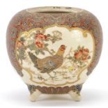 Japanese Satsuma pottery tripo Koro hand painted with cockerels amongst flowers, 9cm high : For