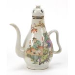 Chinese porcelain teapot hand painted in the famille rose palette with an Emperor and scholars,