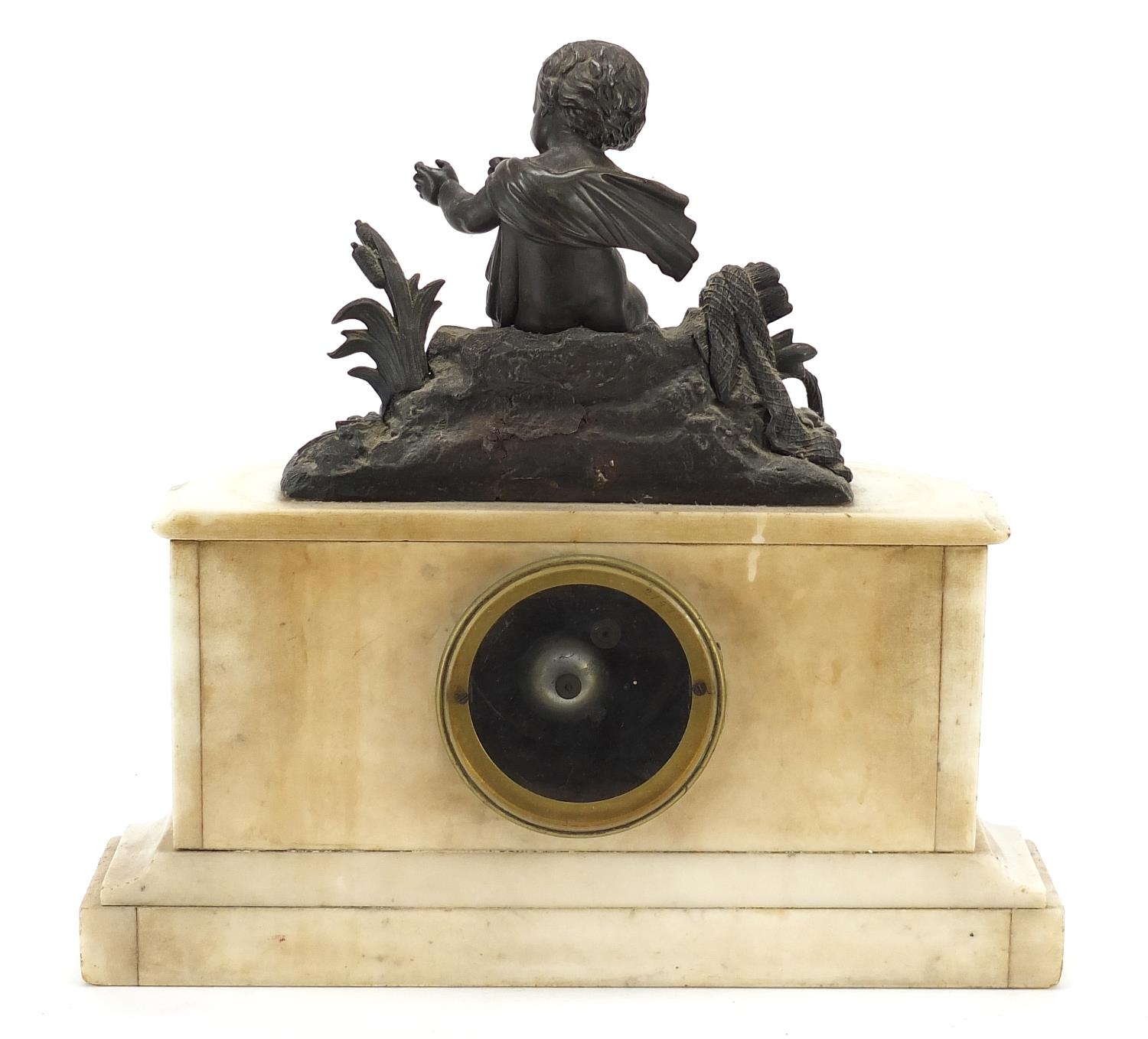 19th century French white marble mantle clock striking on a bell, surmounted with a bronzed figure - Image 9 of 16