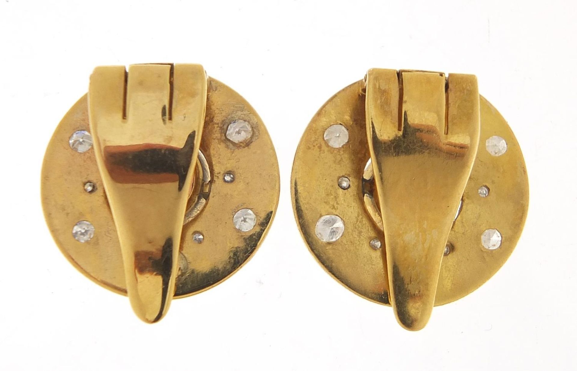 Pair of continental unmarked gold diamond and garnet clip on earrings, (tests as 15ct+ gold) 1.8cm - Image 2 of 2