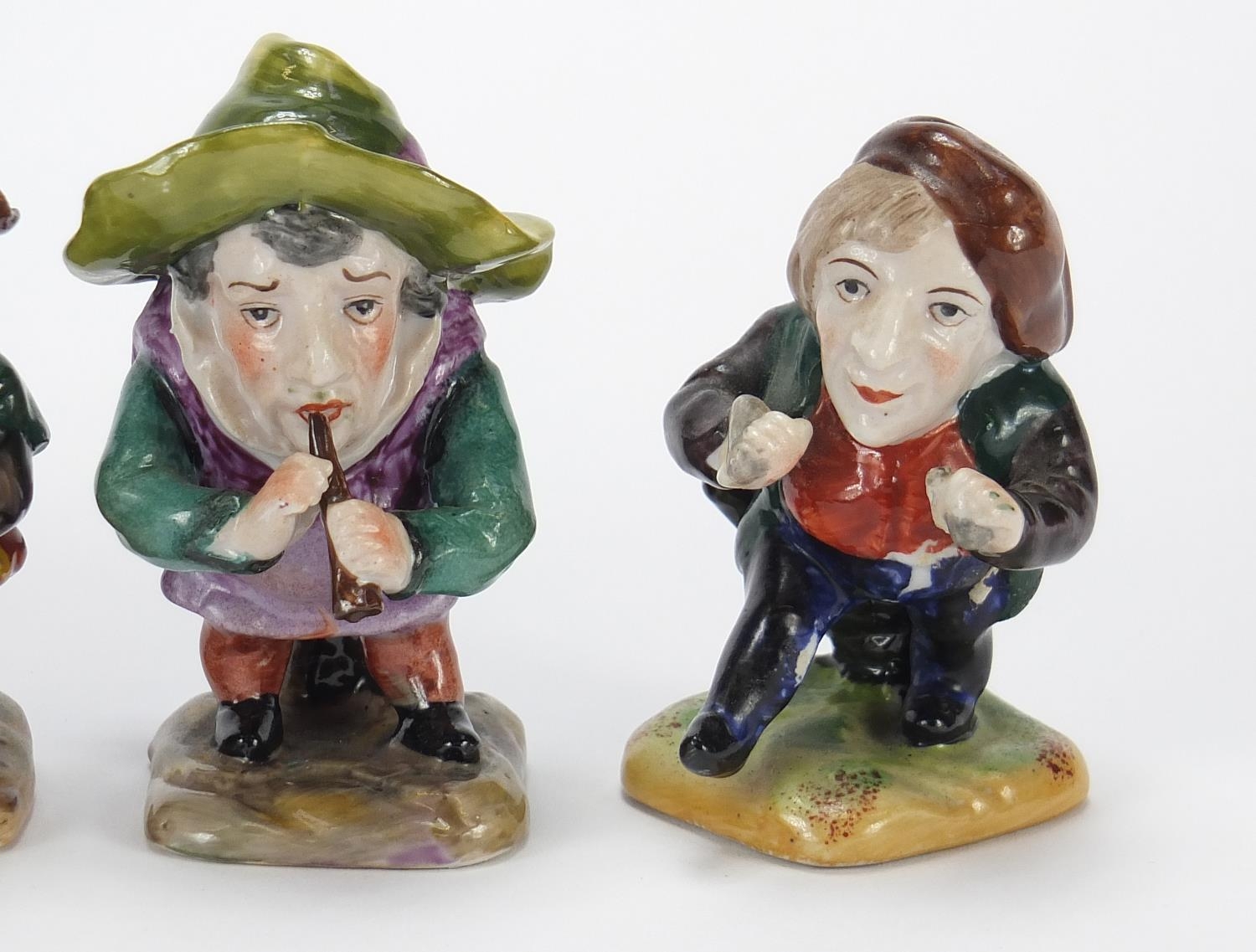 Four Crown Derby style hand painted porcelain dwarf musicians, the largest 9cm high : For Further - Image 3 of 6