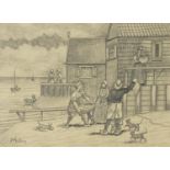 Fishermen unloading their catch, early 20th century pencil, mounted, framed and glazed, 34cm x