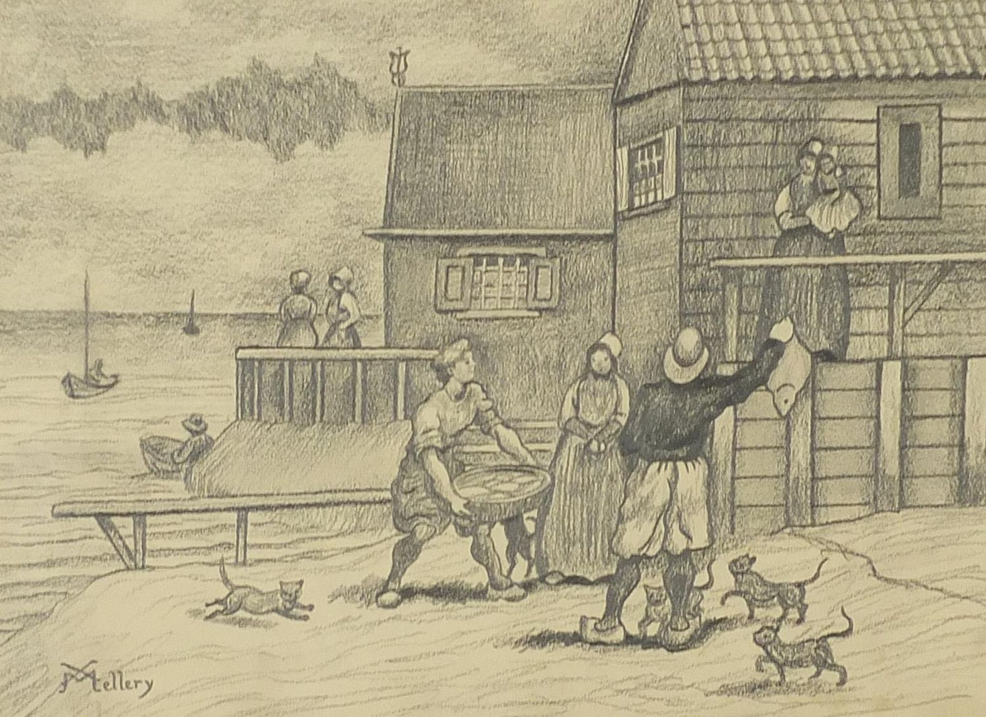Fishermen unloading their catch, early 20th century pencil, mounted, framed and glazed, 34cm x