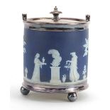 Wedgwood Jasperware biscuit barrel with silver plated mounts and swing handle, 19cm high excluding