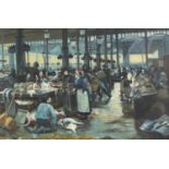 Busy fish market, Victorian style oil on canvas, mounted and framed, 90cm x 59.5cm excluding the