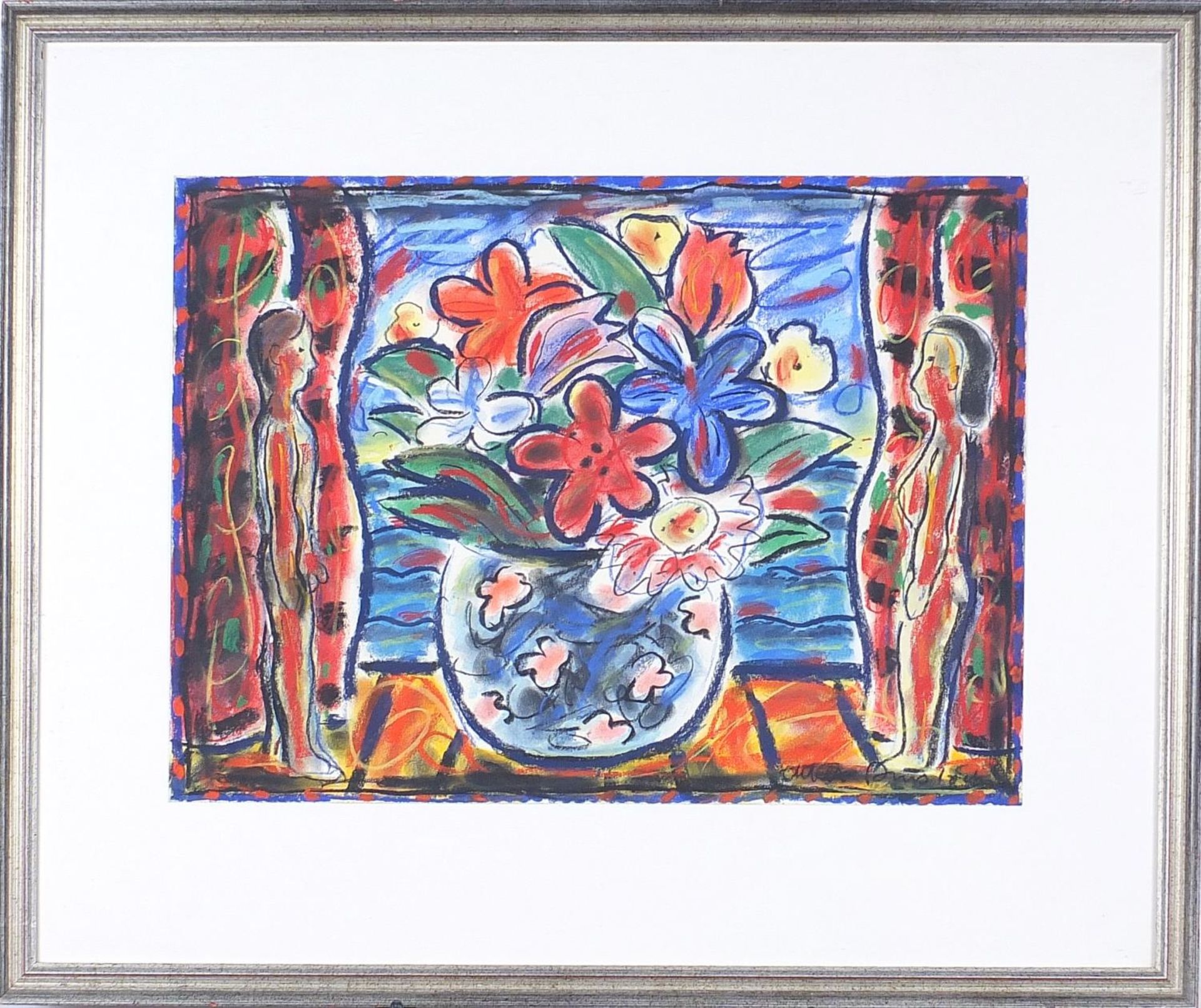 Surreal composition with flowers and figures, indistinctly signed, mounted, framed and glazed, - Image 2 of 4